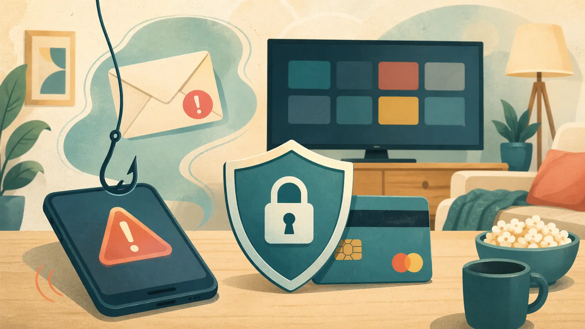 Illustrazione editoriale CyberSenior per Abbonamenti falsi: Netflix, streaming e offerte lampo