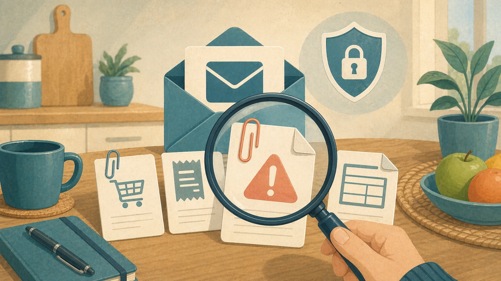 Illustrazione editoriale CyberSenior per Allegati email pericolosi: cosa aprire e cosa no