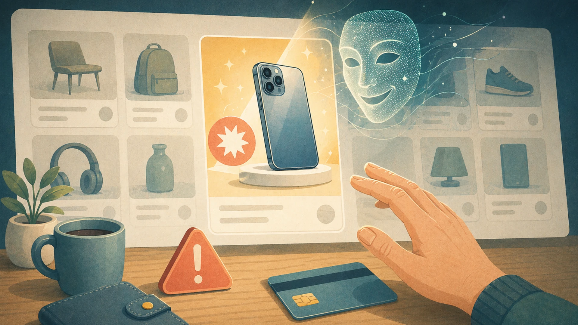 Illustrazione editoriale CyberSenior per Annunci falsi con AI: offerte troppo perfette