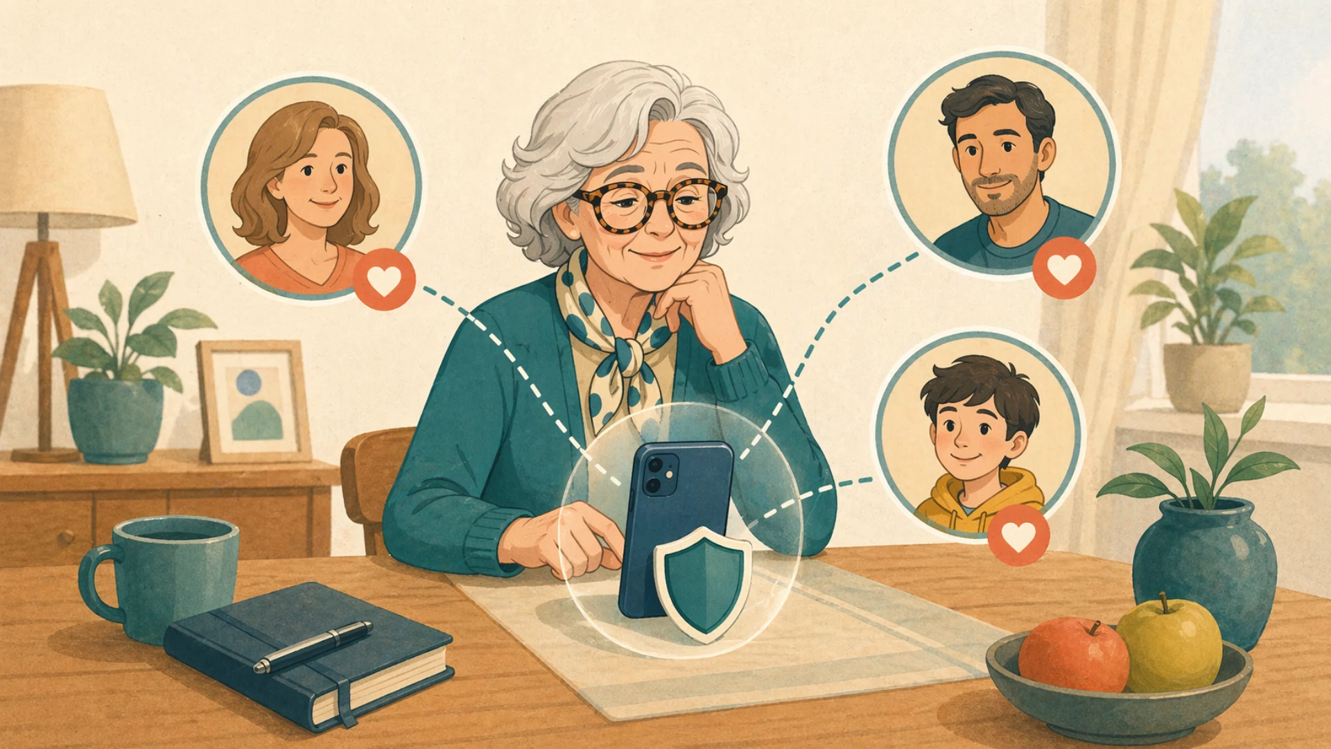 Illustrazione editoriale CyberSenior per Anziani soli e truffe digitali: creare una rete leggera
