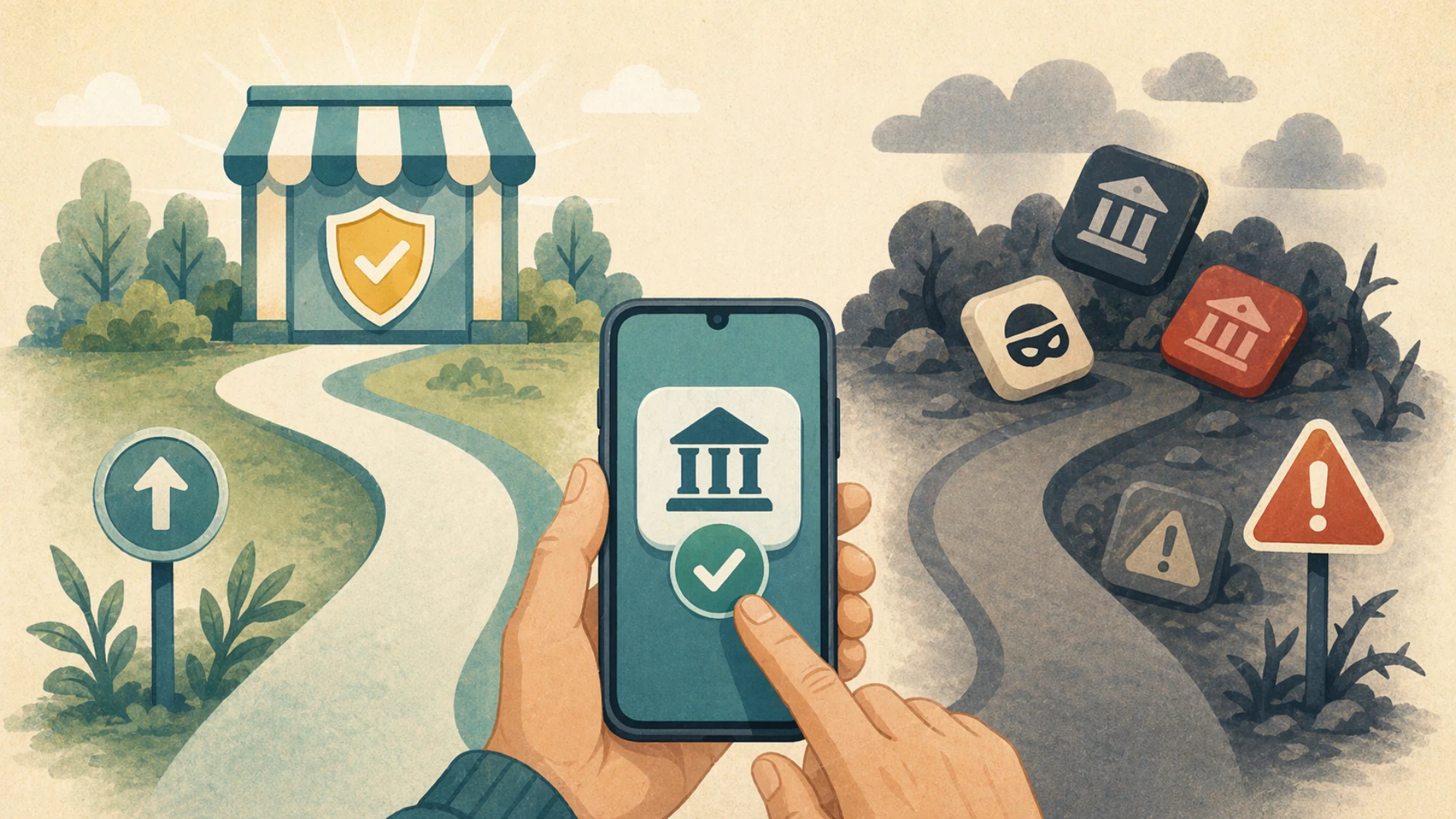Illustrazione editoriale CyberSenior per App bancarie: perché installarle solo dagli store ufficiali