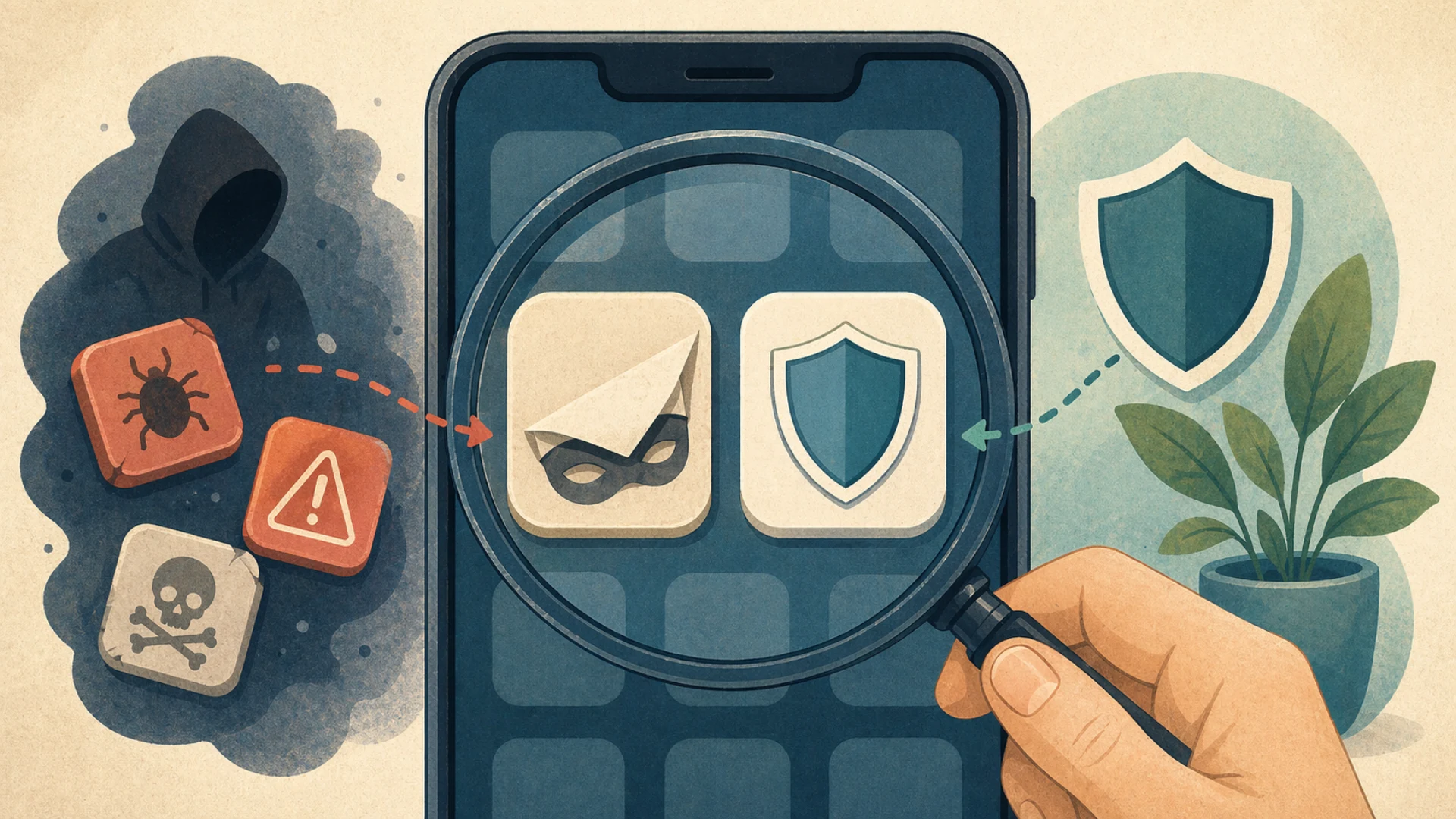 Illustrazione editoriale CyberSenior per App clonate: il logo non basta a fidarsi