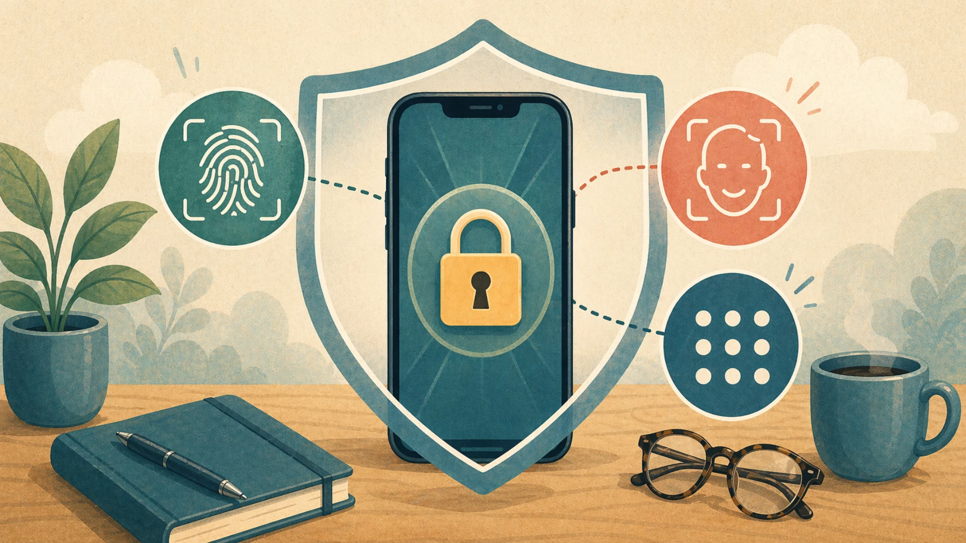Illustrazione editoriale CyberSenior per Blocco schermo: impronta, volto o PIN?