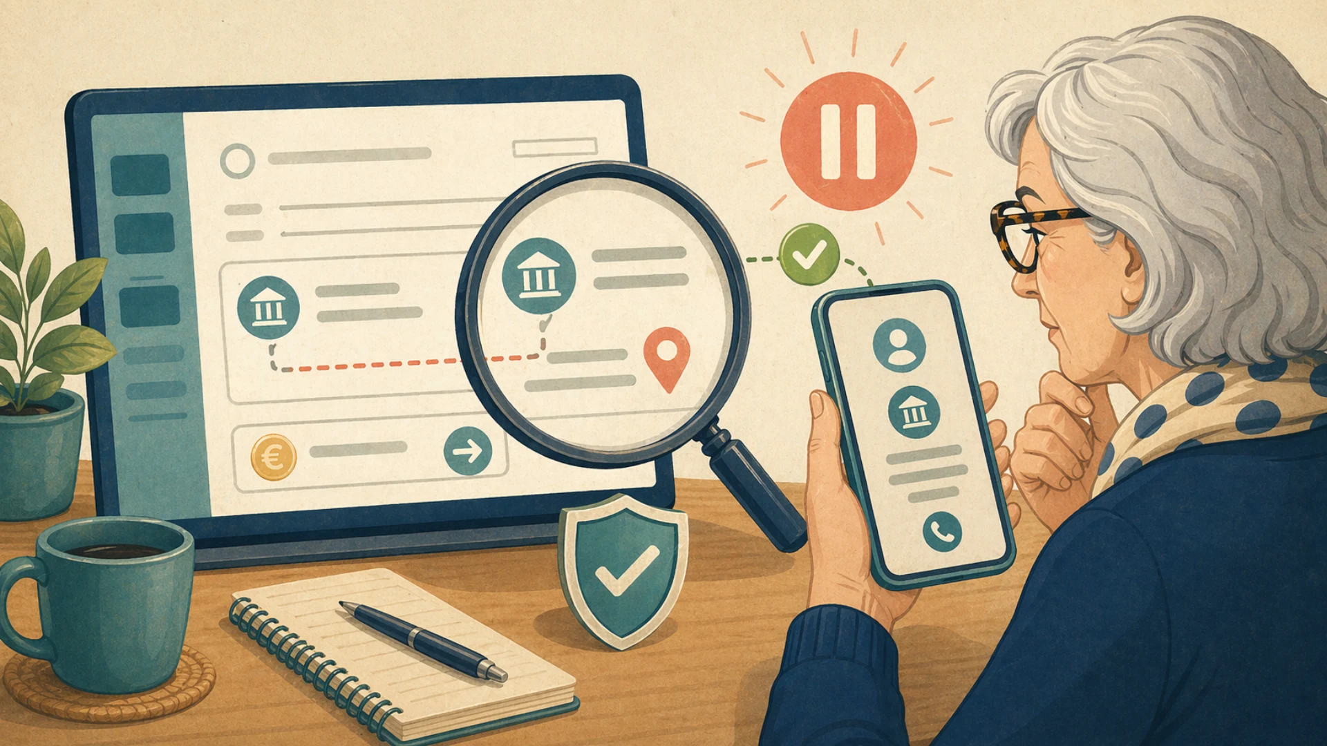 Illustrazione editoriale CyberSenior per Bonifico sospetto: controllare IBAN e destinatario