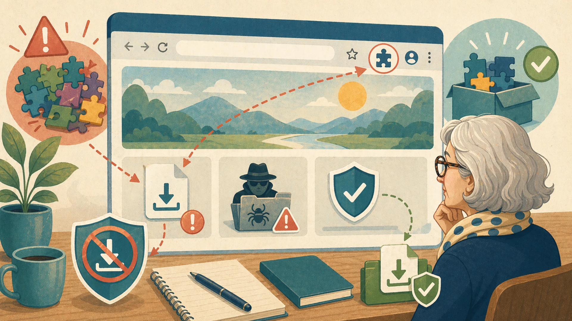 Illustrazione editoriale CyberSenior per Browser sicuro: estensioni, download e avvisi