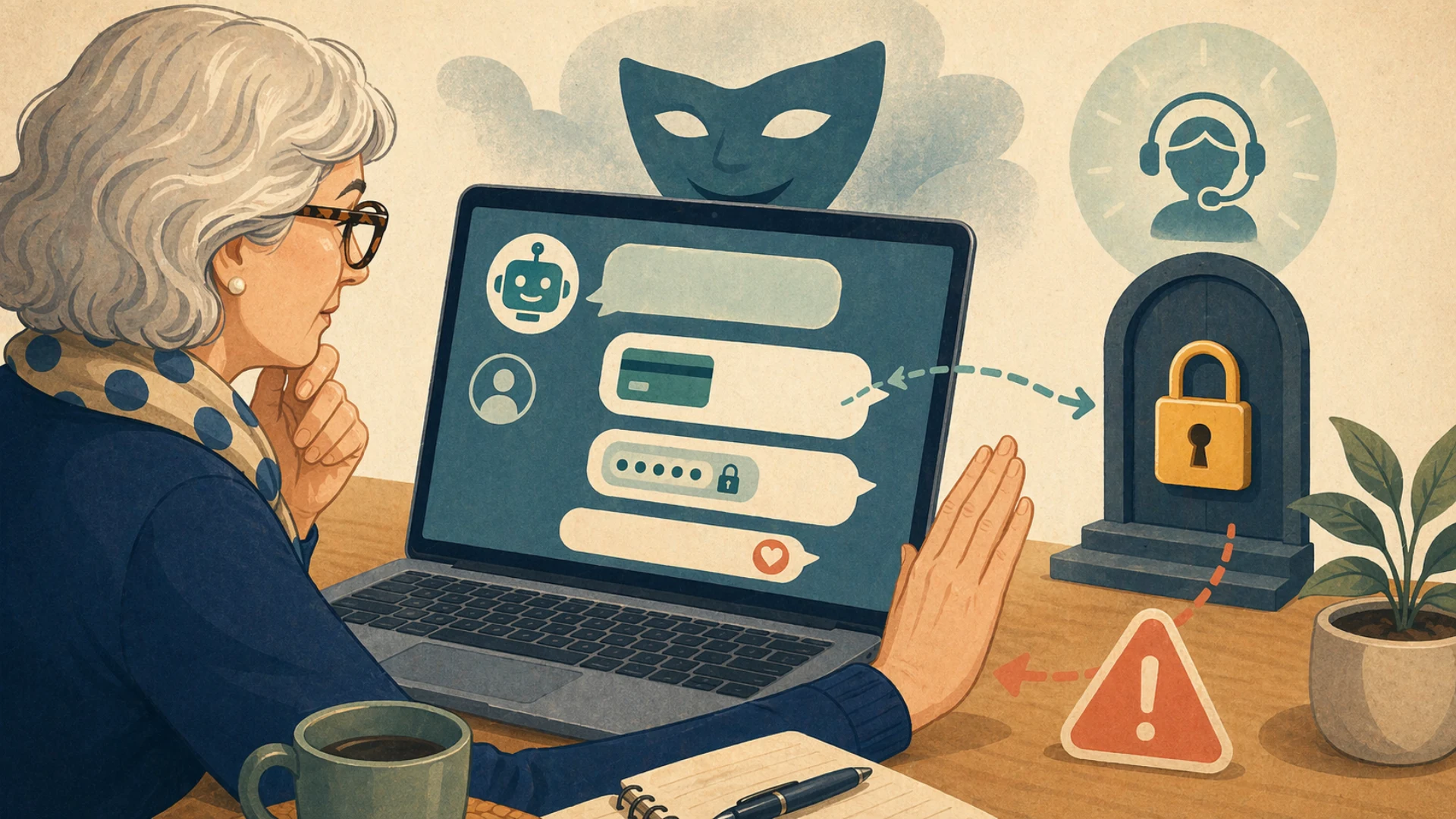 Illustrazione editoriale CyberSenior per Chatbot truffa: quando una conversazione sembra assistenza