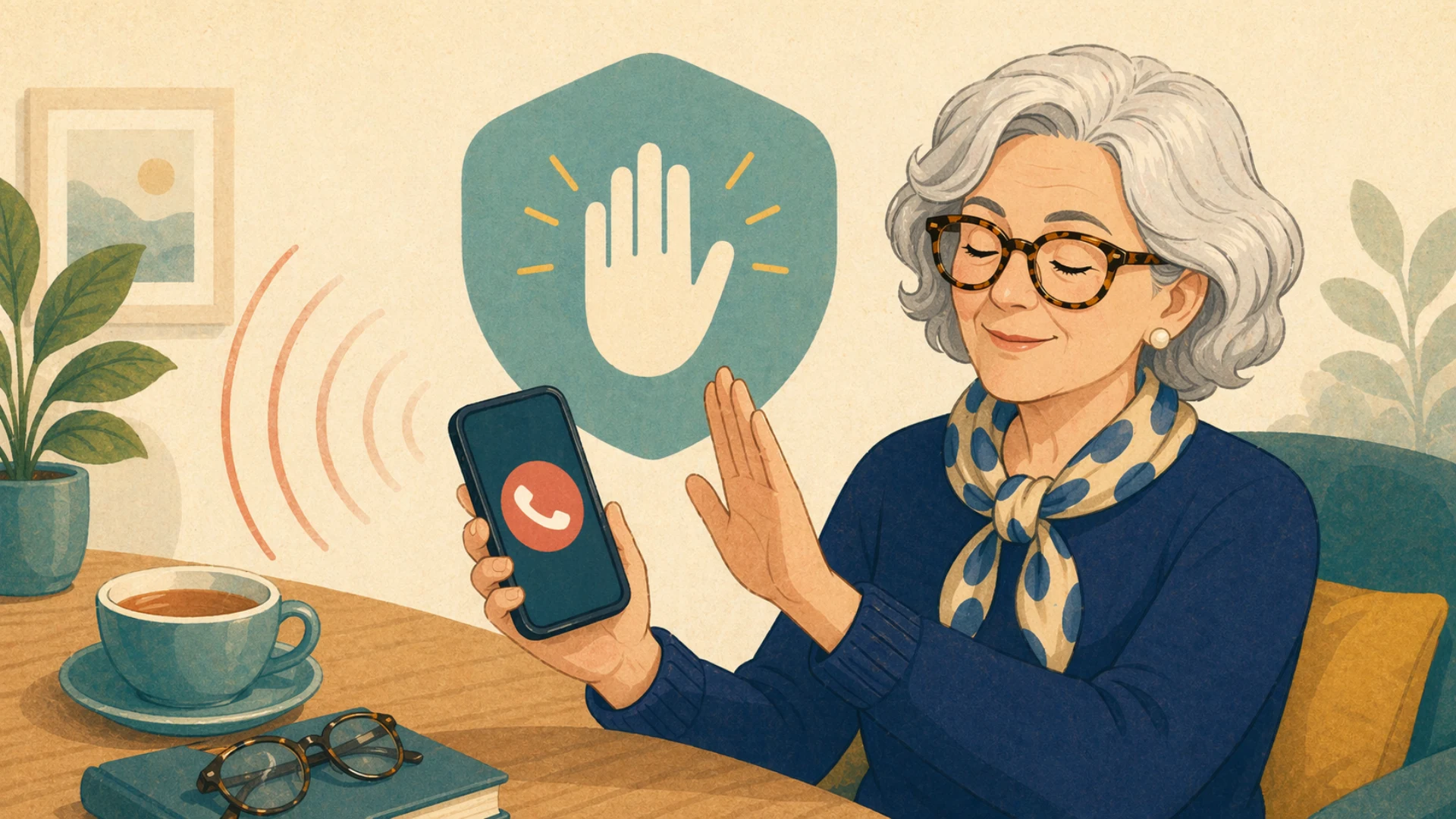 Illustrazione editoriale CyberSenior per Come chiudere una chiamata pressante senza sentirsi maleducati