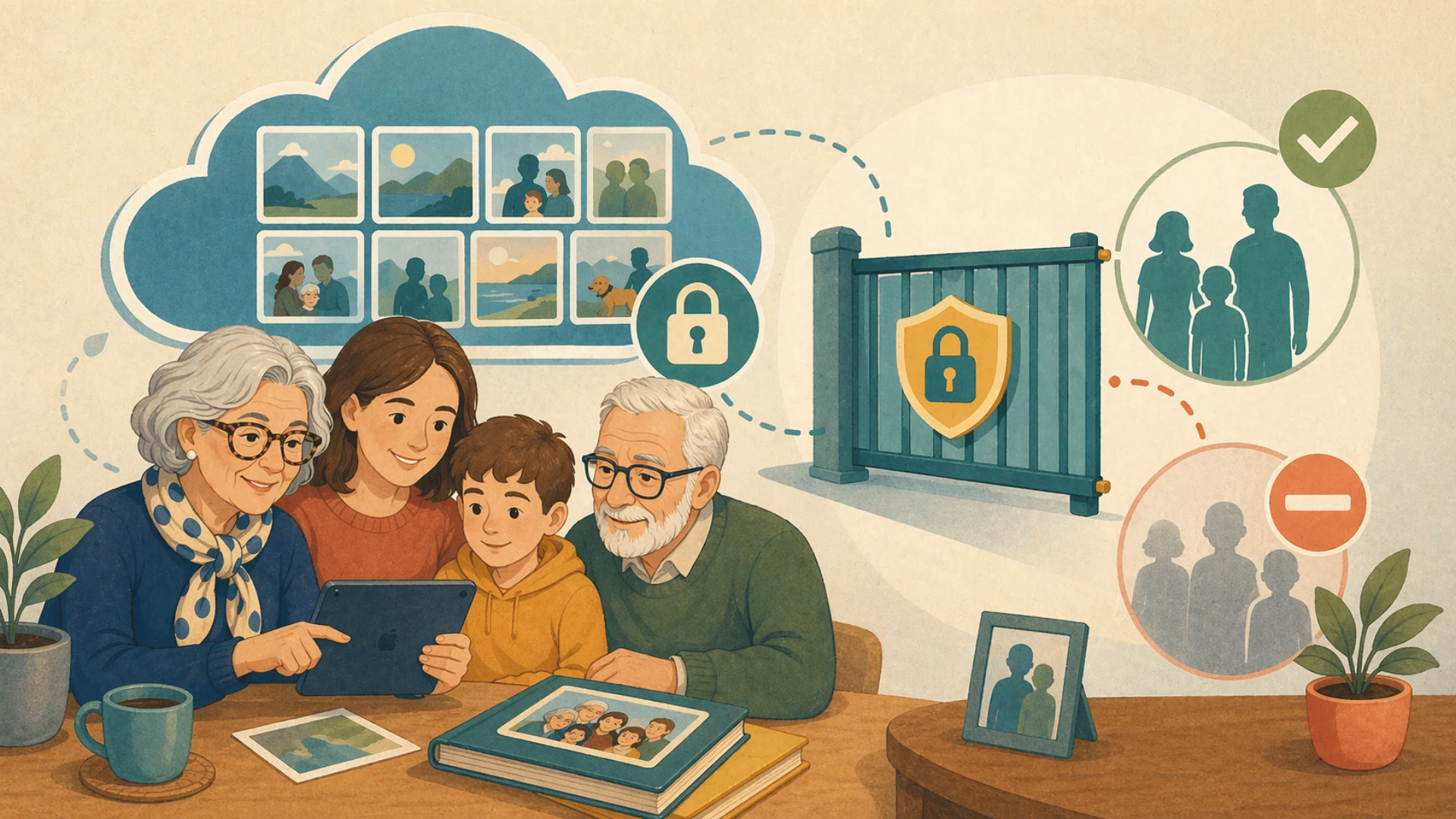 Illustrazione editoriale CyberSenior per Cloud e foto di famiglia: condividere senza aprire tutto