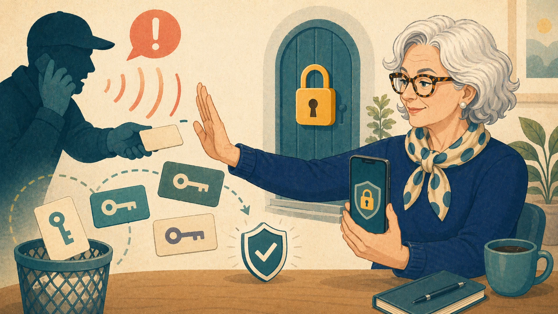 Illustrazione editoriale CyberSenior per Codici OTP: perché non vanno dettati a nessuno