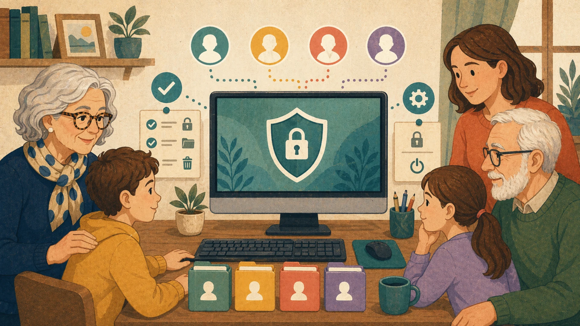 Illustrazione editoriale CyberSenior per Computer condiviso in famiglia: regole minime