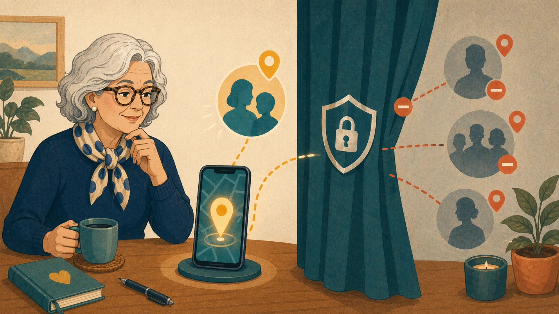 Illustrazione editoriale CyberSenior per Condividere la posizione: quando serve e quando no