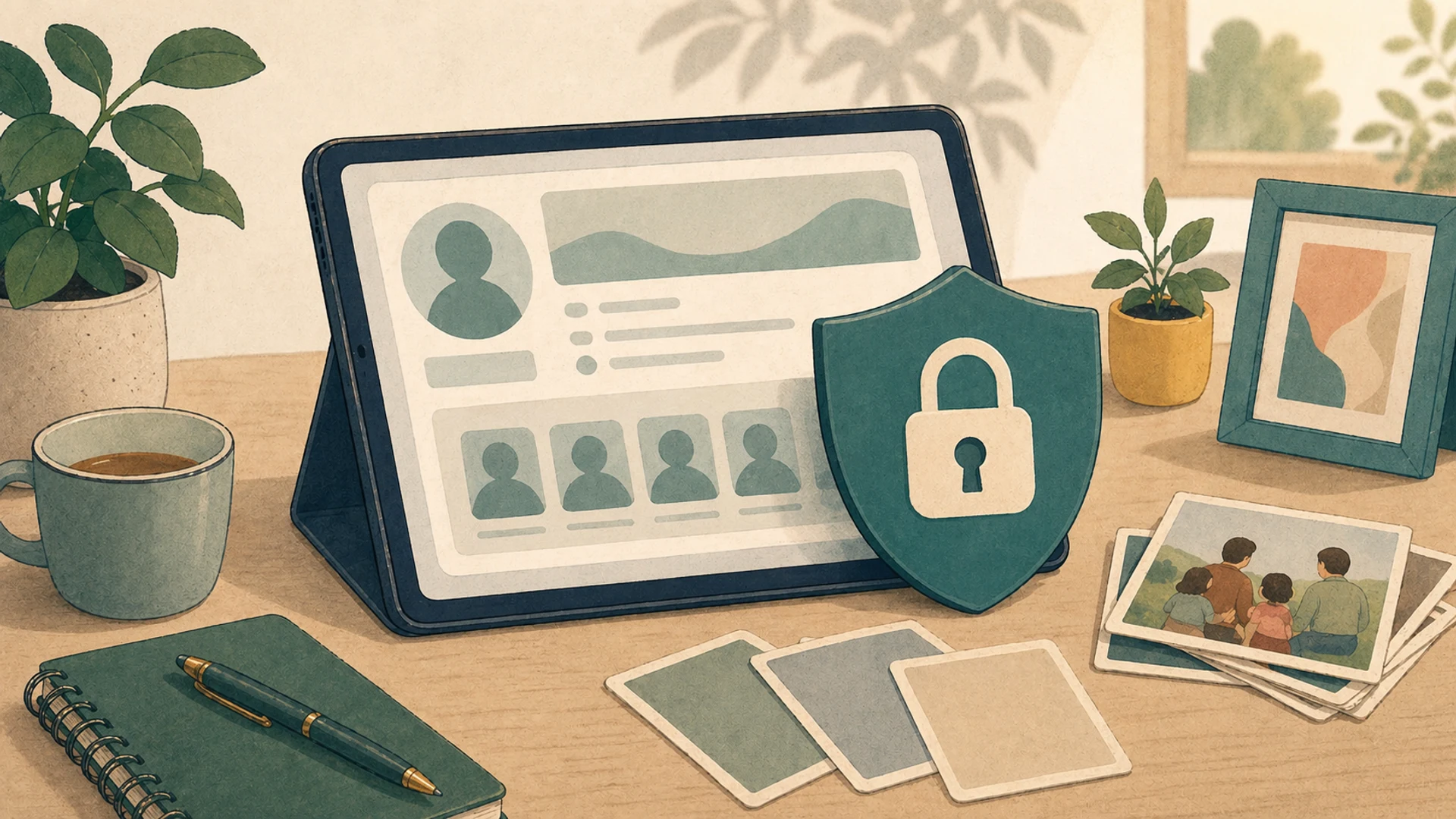 Illustrazione editoriale CyberSenior per Facebook sicuro: privacy, amici e recupero account