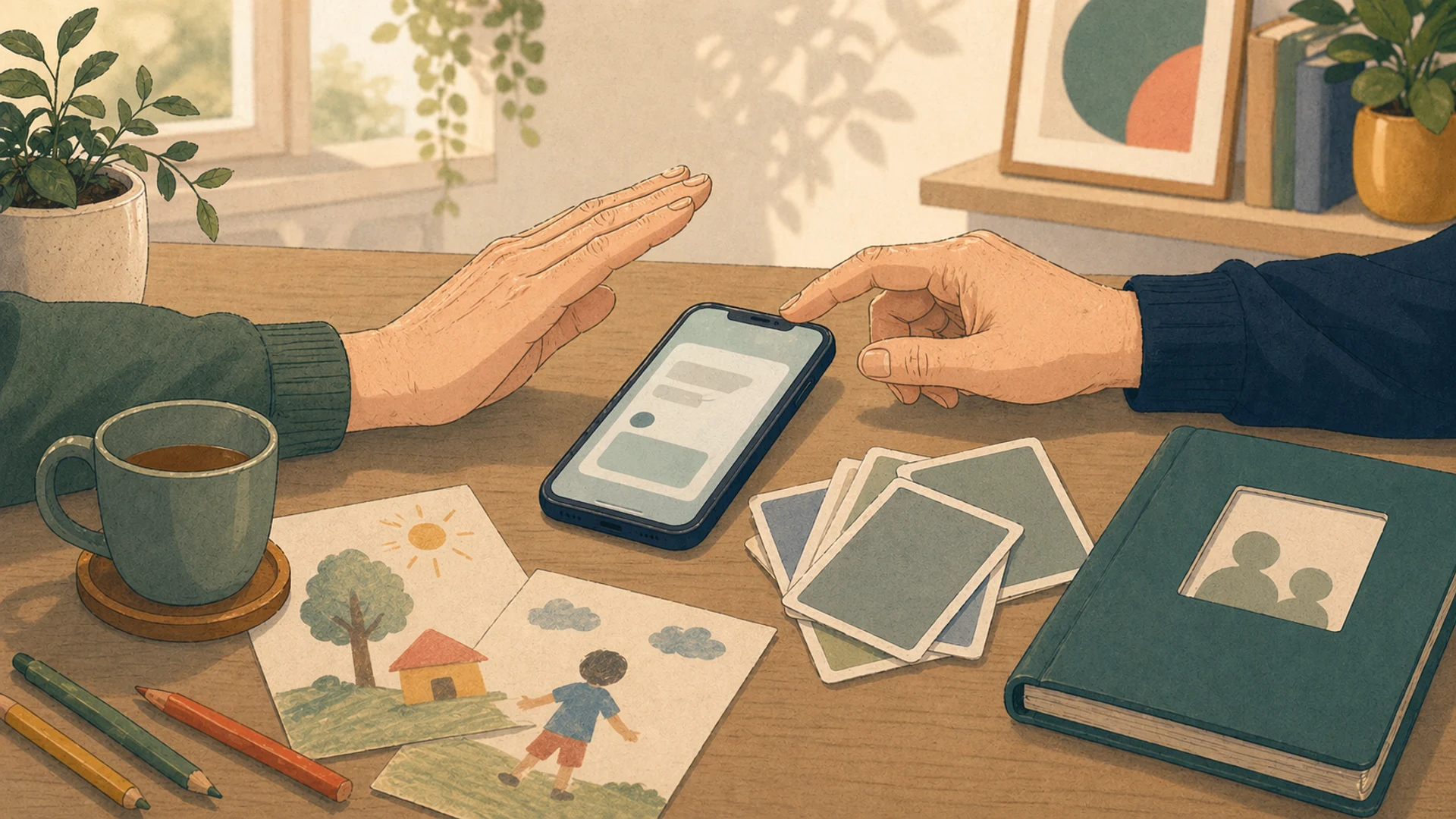Illustrazione editoriale CyberSenior per Foto dei nipoti online: una scelta da fare con calma