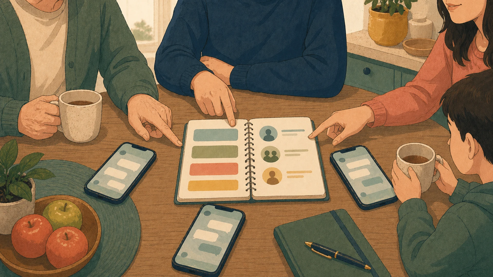 Illustrazione editoriale CyberSenior per Gruppi di famiglia: aiutarsi senza fare confusione