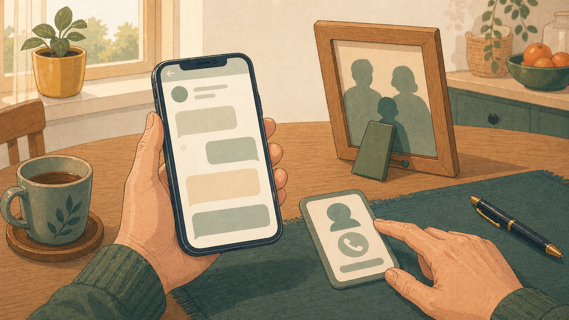 Illustrazione editoriale CyberSenior per Nipote in difficoltà su WhatsApp: verifica prima di aiutare