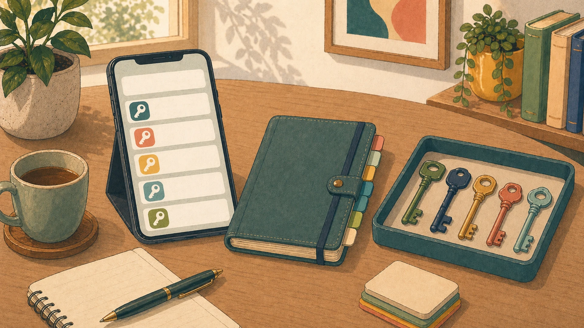 Illustrazione editoriale CyberSenior per Password manager: il quaderno sicuro del telefono