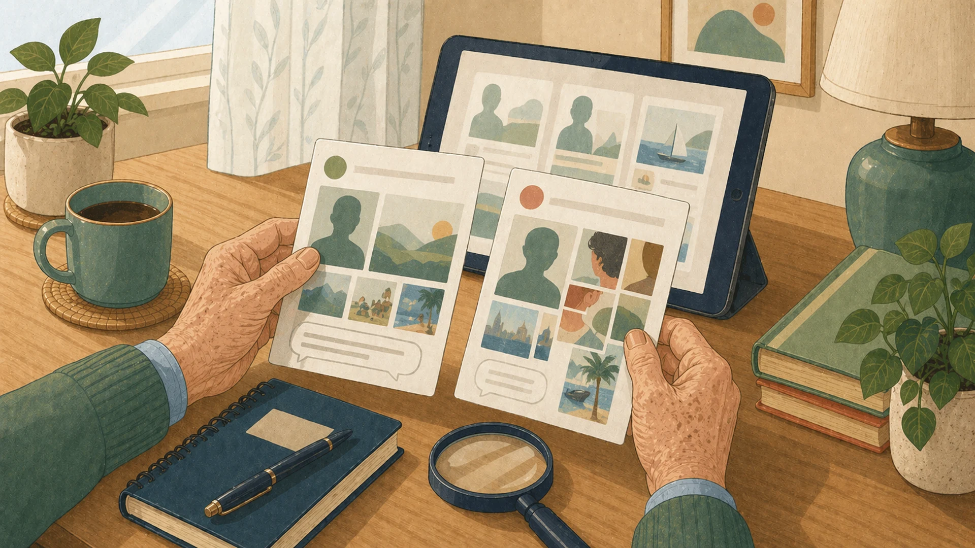 Illustrazione editoriale CyberSenior per Profili social inventati: come riconoscere una persona che non esiste