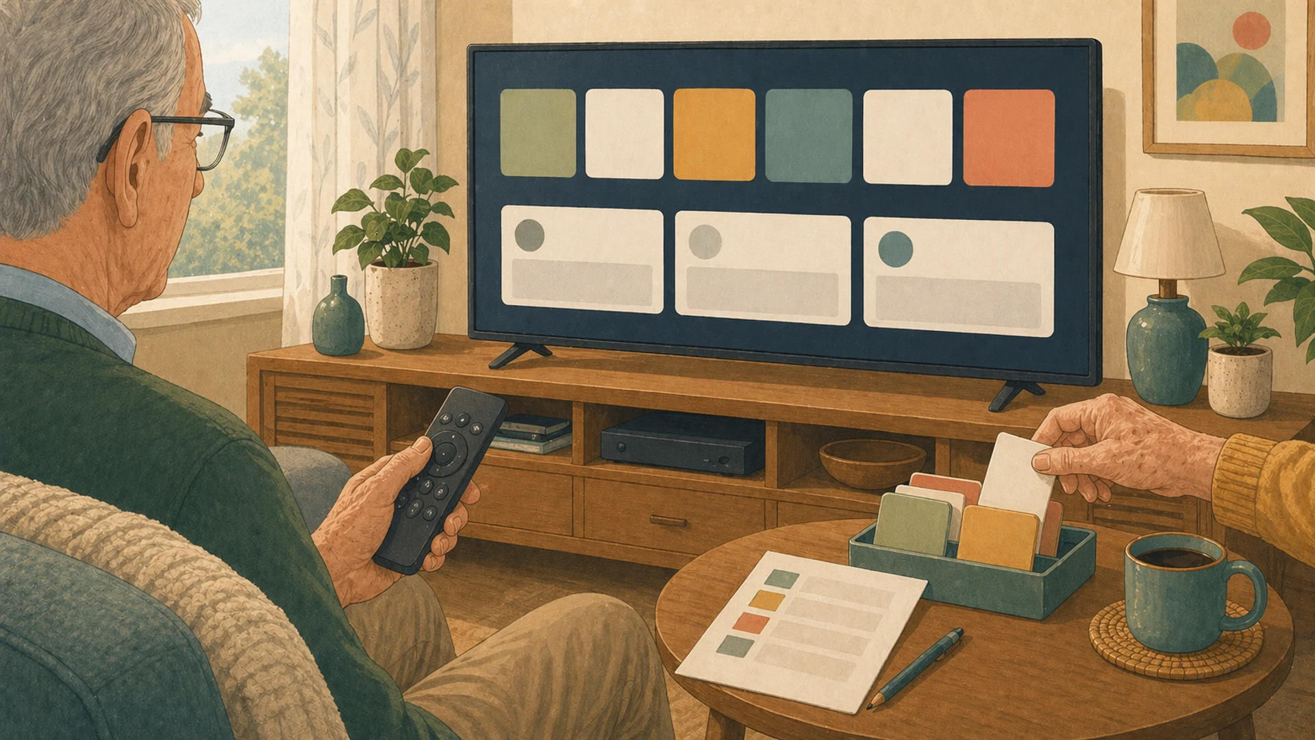 Illustrazione editoriale CyberSenior per Smart TV: app, account e privacy sul televisore