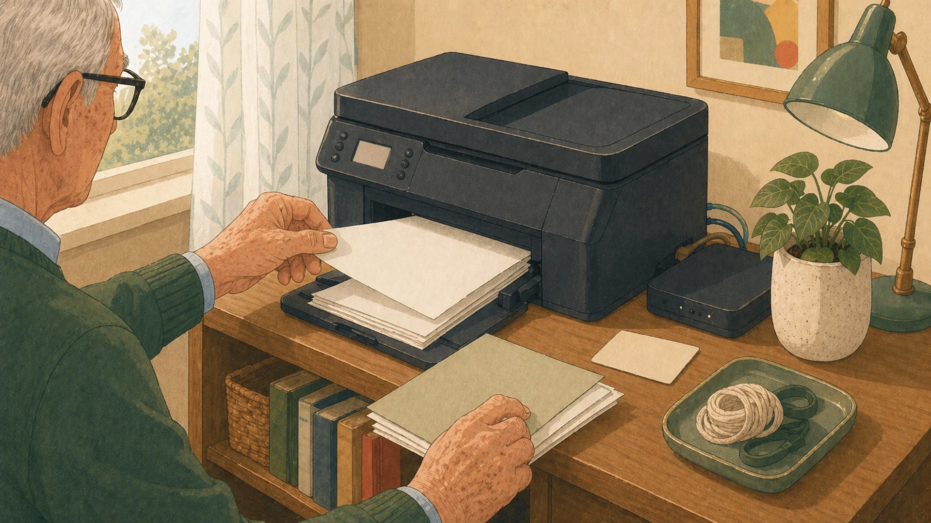 Illustrazione editoriale CyberSenior per Stampante Wi-Fi: il dispositivo dimenticato
