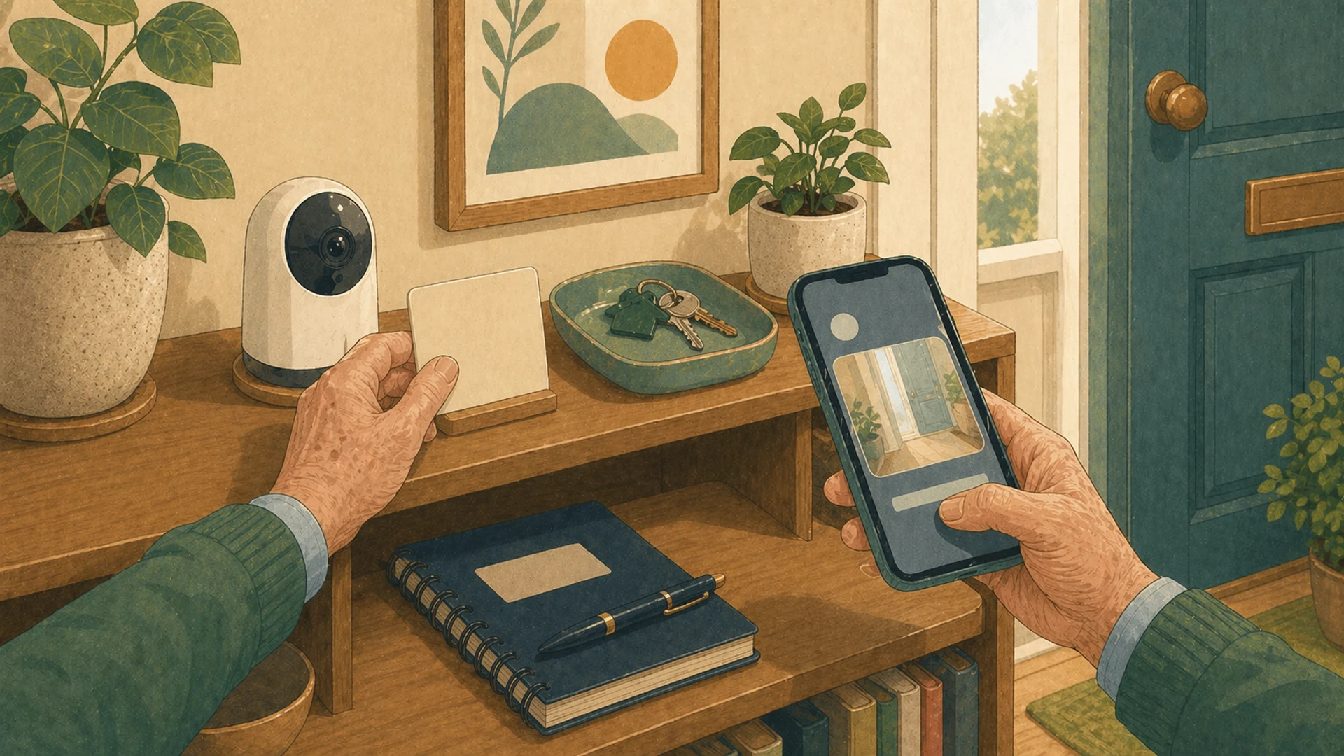 Illustrazione editoriale CyberSenior per Telecamere domestiche: proteggere accesso e privacy
